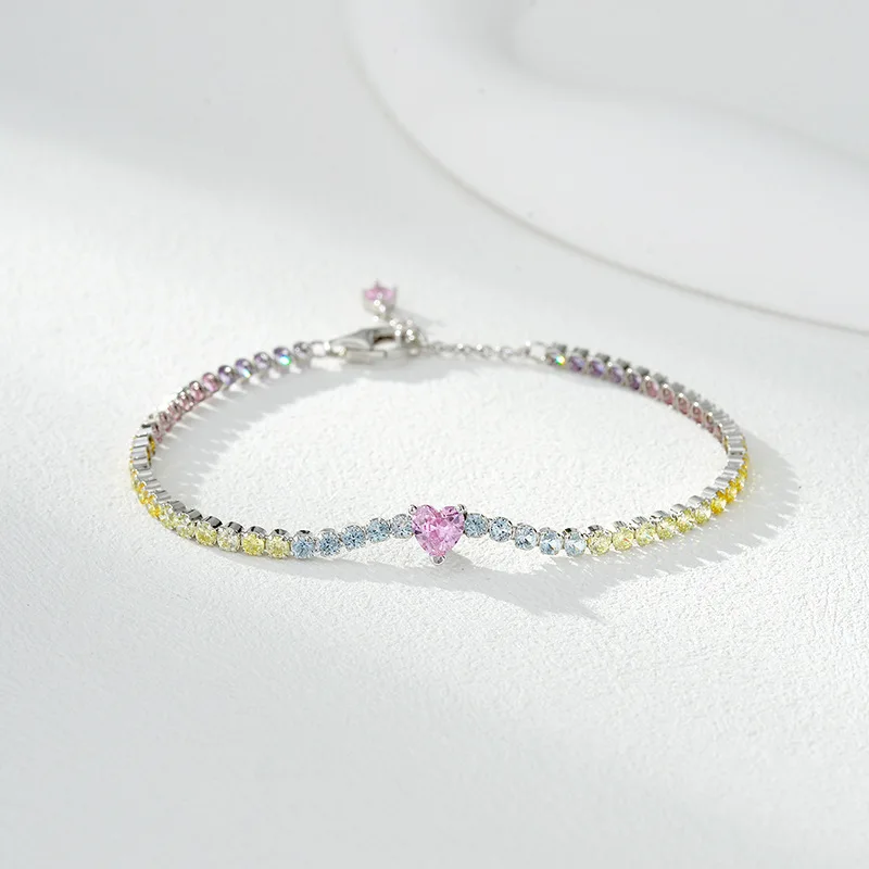 AETEEY S925 Silver Rainbow Heart Zircon Tennis Bracelet High-end Fashion Women Stackable Wrist Jewelry