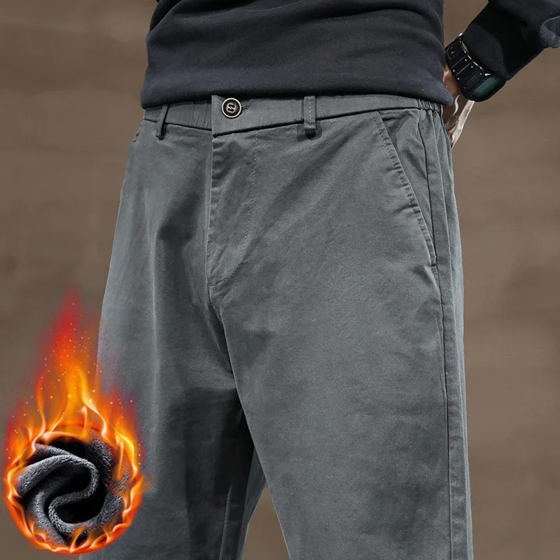 

Зимние тонкие деловые мужские флисовые брюки, теплые прямые эластичные талии, удобные утолщенные повседневные бархатные брюки мужские