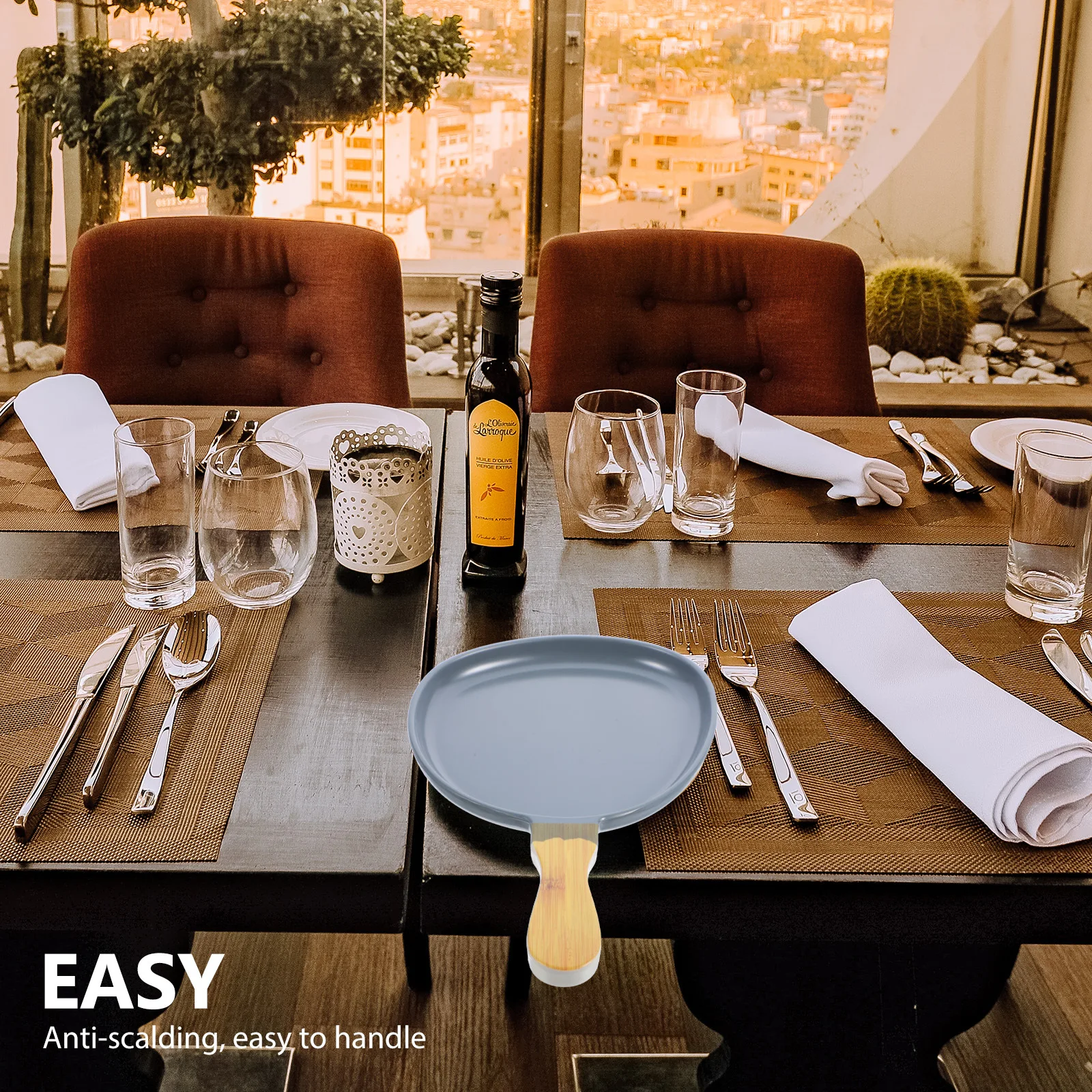 

Retro Ceramic Food Plate Handheld Dishwasher Safe Baking Pan with Ergonomic Wooden Handle Multipurpose Serving Dessert Appetizer