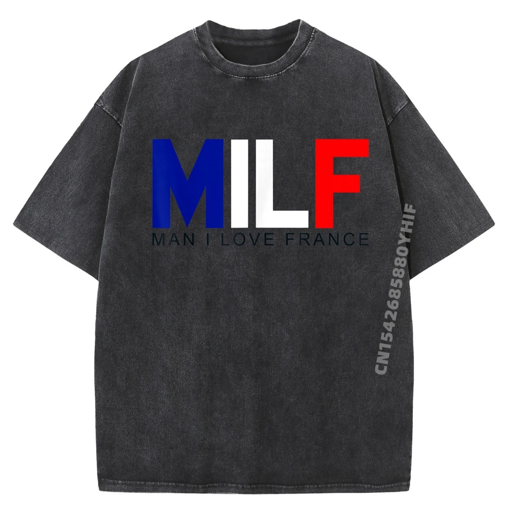 

Мужская футболка с рисунком MILF Man I Love France Забавная взрослая озорная цитата Флаг Шутка Уличная одежда Женская и мужская свободная стираная рубашка