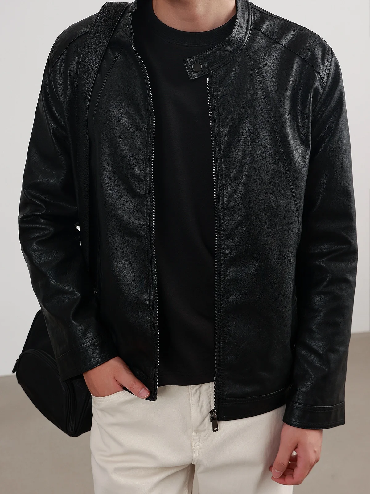 Black PU Leather Biker Style Jacket Men's Casual Zipper Collar Coat Anti-Stain Long Sleeve Regular Fit Commute Outerwear