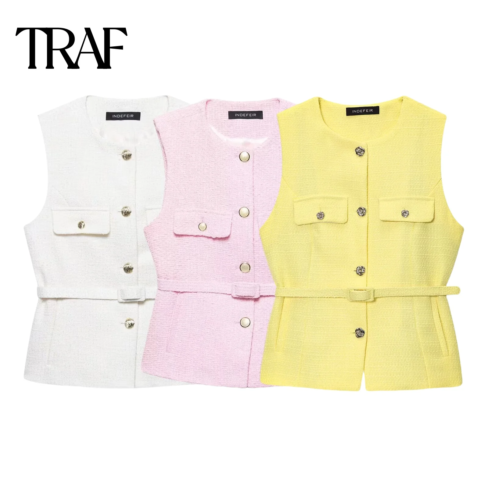 

TRAF Summer New Product 2025 Texture Vest Women's Wear Waist Belt Buckle Decoration Sleeveless Round Neck Top chic