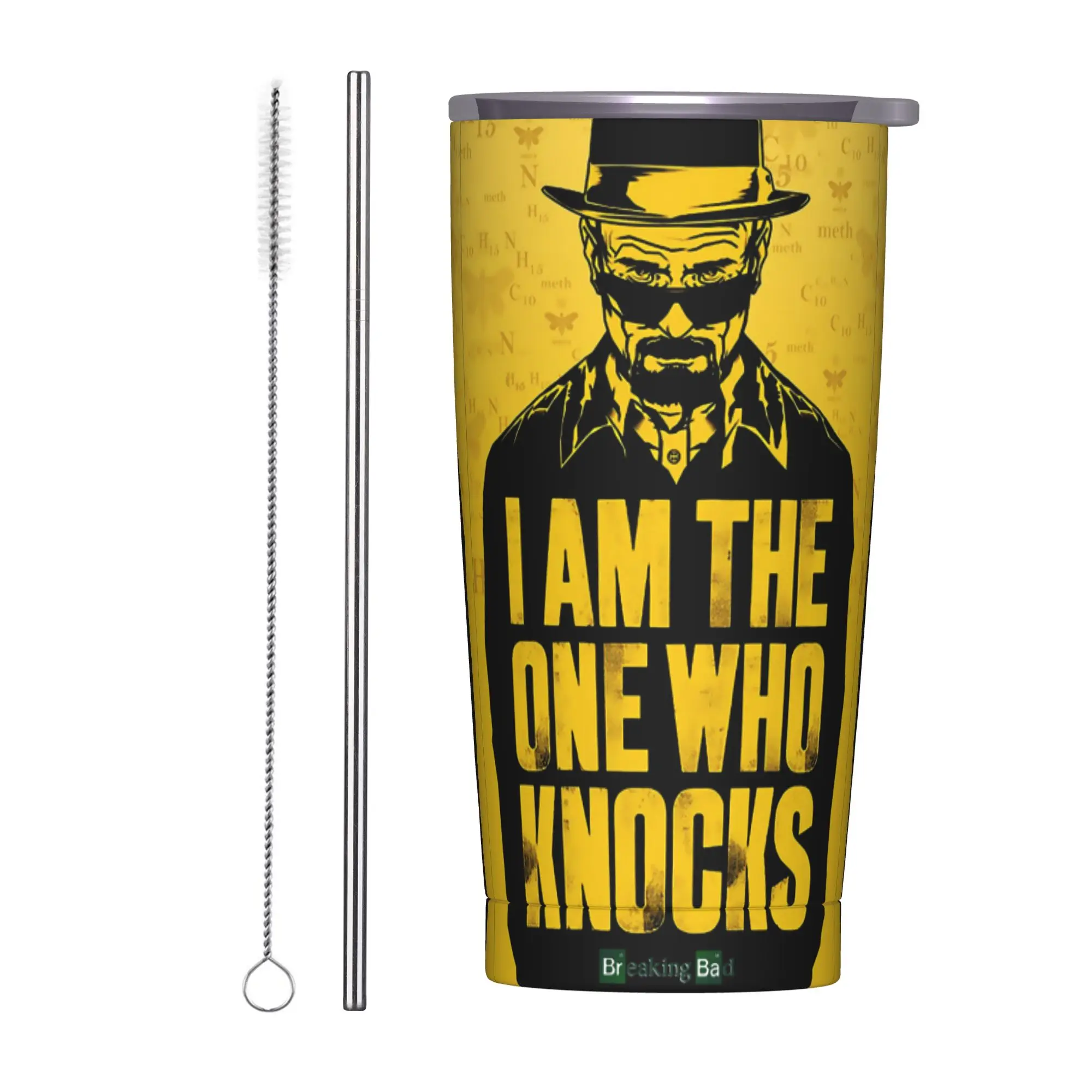 Breaking Bad Heisenberg Insulated Tumbler with Straws Walter White Meth Stainless Steel Thermal Mug Car Bottle Cups, 20oz