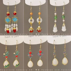 Retro Chinese Jade Pendant Earrings for Women Inlay Flower Shaped Enamel Ethnic Palace Style Luxury Jewelry Creative Gifts 2024
