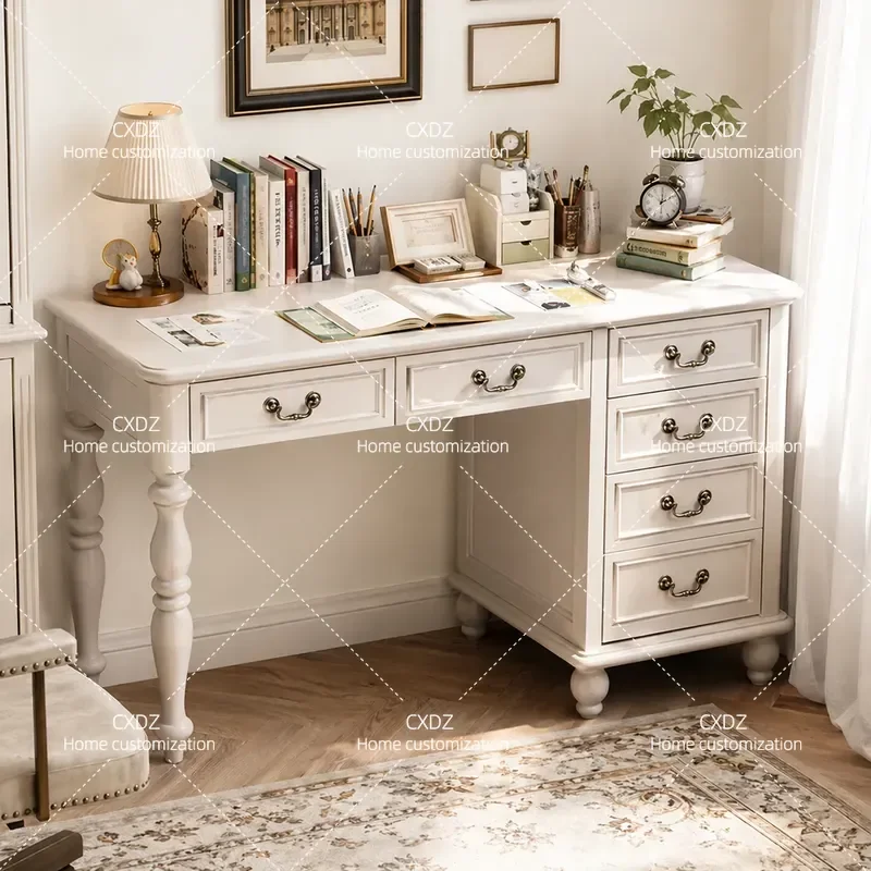 American Pure Solid Wood Desk Side Cabinet White Student Computer Desk for Home Bedroom Study Room
