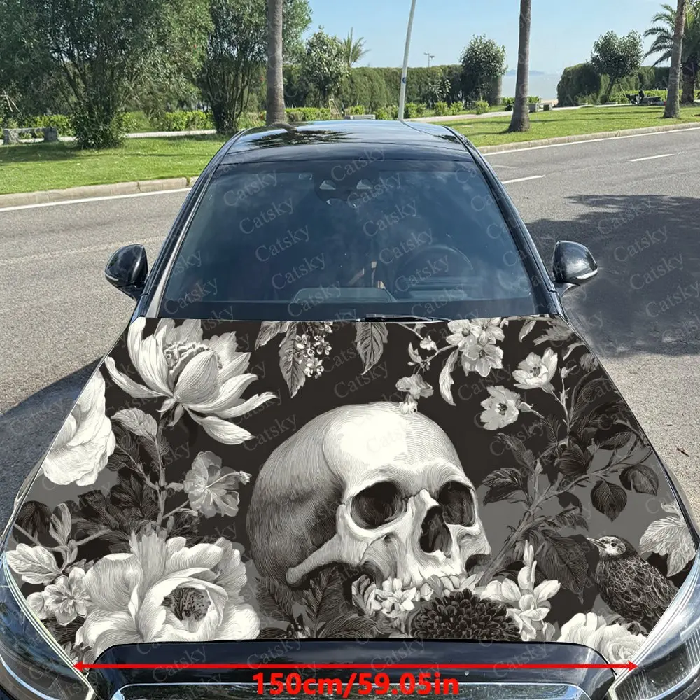 Car Decal Dark Gothic Black and White Floral Skull Design Car Hood Sticker, Waterproof Self - Adhesive PVC Graphics Decals, Deco