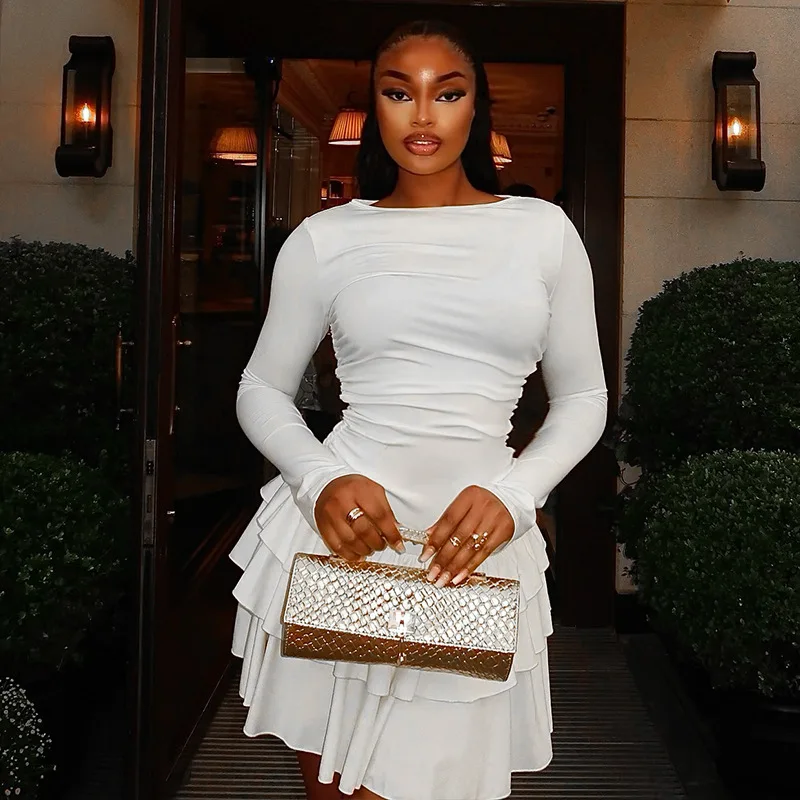 

STYLISH LADY Elegant Ruffle Dress 2025 Autumn Women Long Sleeve O Neck Bodycon White OL Party Mini Vestidos De Festa