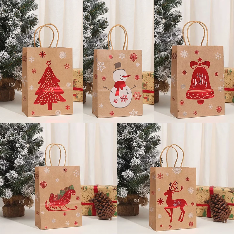 1Pcs Christmas Tote Kraft Paper Bag Reusable Grocery Shopping Totes Holiday Party Favor Bag Gilded Design Durable Storage Bag