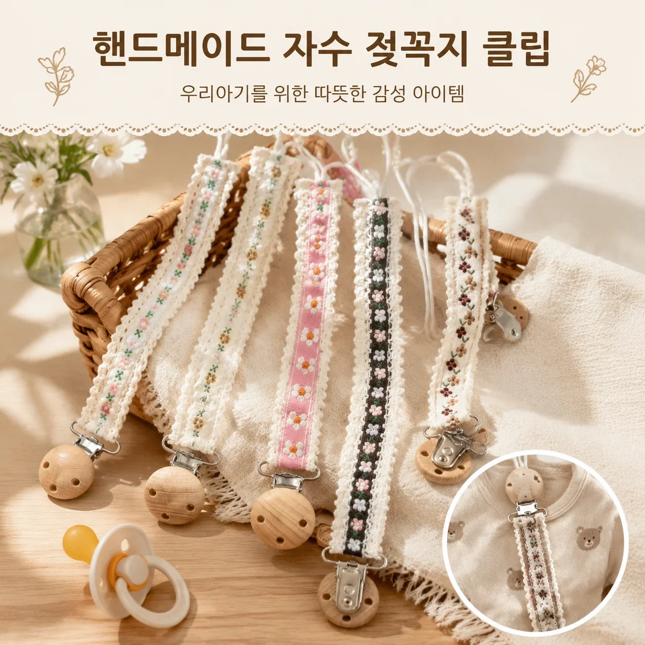 Newborn Anti-Lost Pacifier Holder Lace Clip Chain with Embroidery Decoration, Baby Pacifier Clip for Newborns