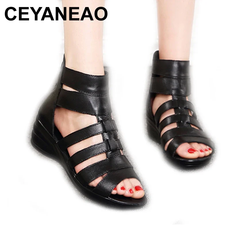 

CEYANEAONew Summer Female Sandals Genuine Leather Soft Outsole Comfortable Women Sandals Shoes Open Toe Women Wedges Sandals