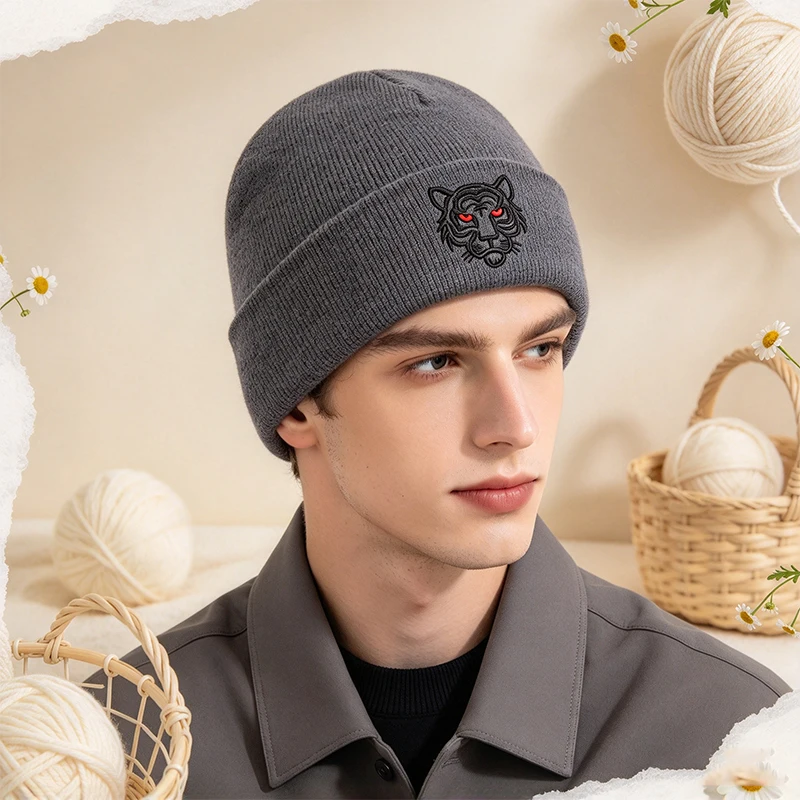 Men Women Embroidered Knit Beanie Hat Cuffed Winter Skull Cap Warm Stretch Knitted Hat for Streetwear Outdoor Daily Wear