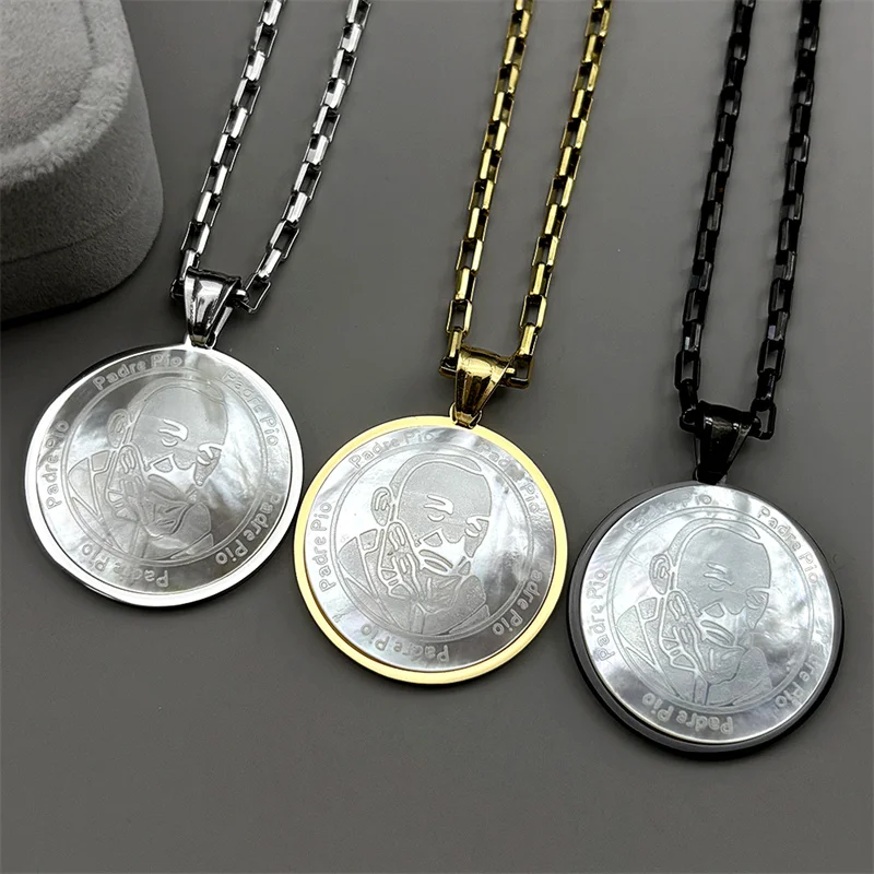 

Padre Pio Natural Shell Medal Pendant Necklace for Women Men Stainless Steel Gold Silver Color Chatholic Chain Jewelry Gift