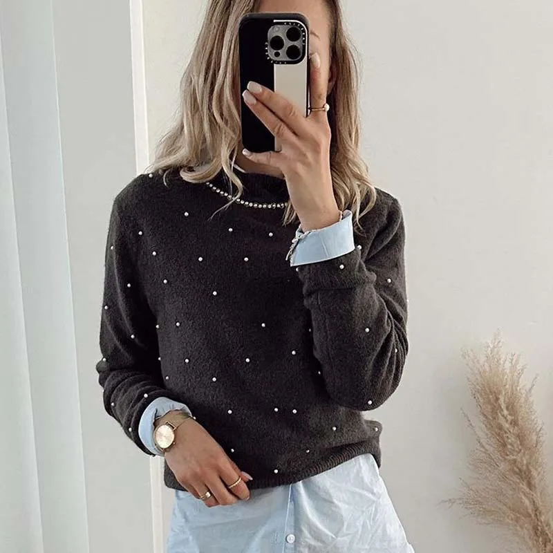 YENKYE New Women Fashion Faux Pearl Appliques Knit Sweater Long Sleeve High Collar Female Pullover Tops