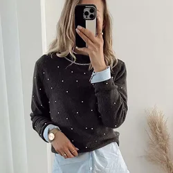 YENKYE New Women Fashion Faux Pearl Appliques Knit Sweater Long Sleeve High Collar Female Pullover Tops