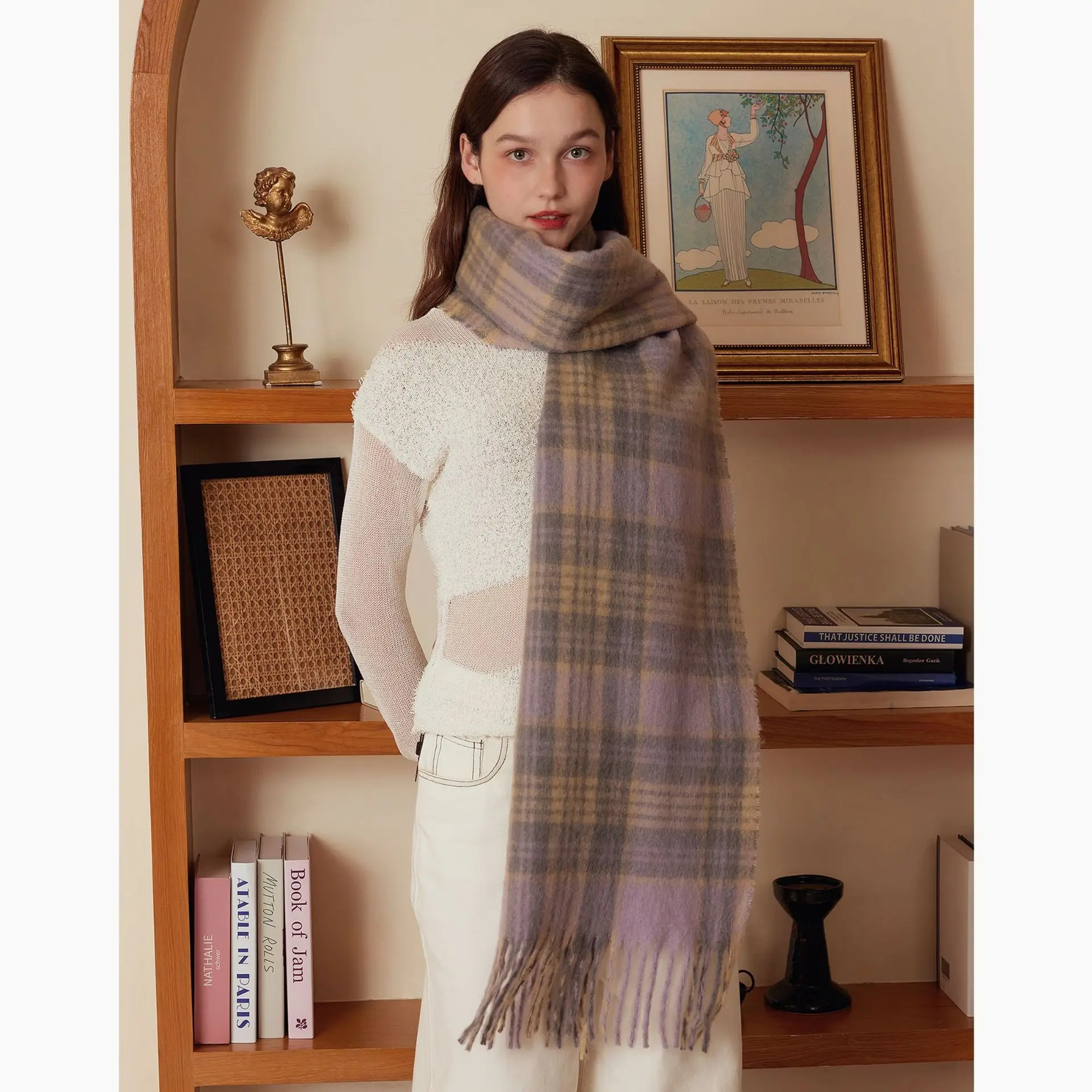 

Зима 2025 года, новый винтажный атмосферный шарф цвета меладового цвета, теплый клетчатый женский шарф из искусственного кашемира, утолщенная теплая шаль с защитой от холода