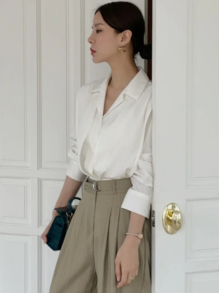 Ele Doppio Strato Drappeggiato Lungo Sve Pendolarismo irt Versatile Indossare Design Chic Lazy Sle Busin Casual Loose Fit irt