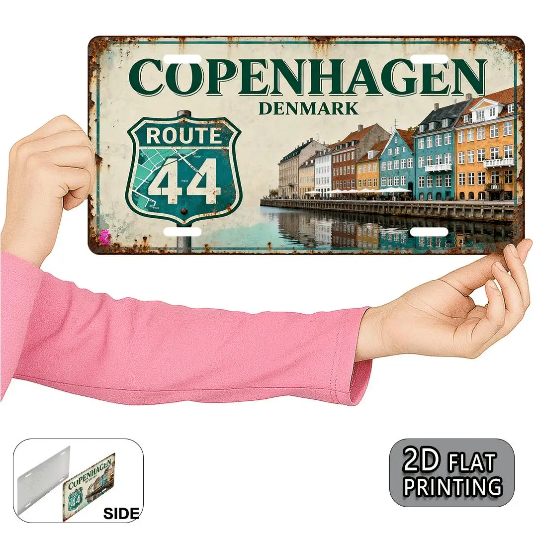2D Flat, 1pc Copenhagen Denmark Vintage Metal Wall Art Sign - 30.48x15.24cm Danish Nyhavn Waterfront & Route 44 Marker, Retro Da