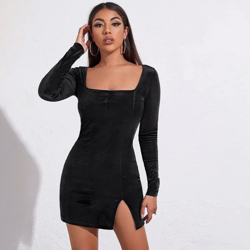 

YQ1-New Women's Fashion Sexy Slit Square Neck Elegant Bodycon Dress Velvet Long Sleeve French Style Dress
