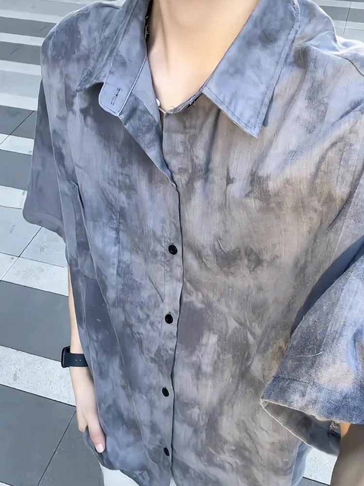 

Ice Silk Dyeing Tie Dye Men's irt ort Sve Thin Retro Sun Protection Casual Loose Fit Breathable Polyester Fiber