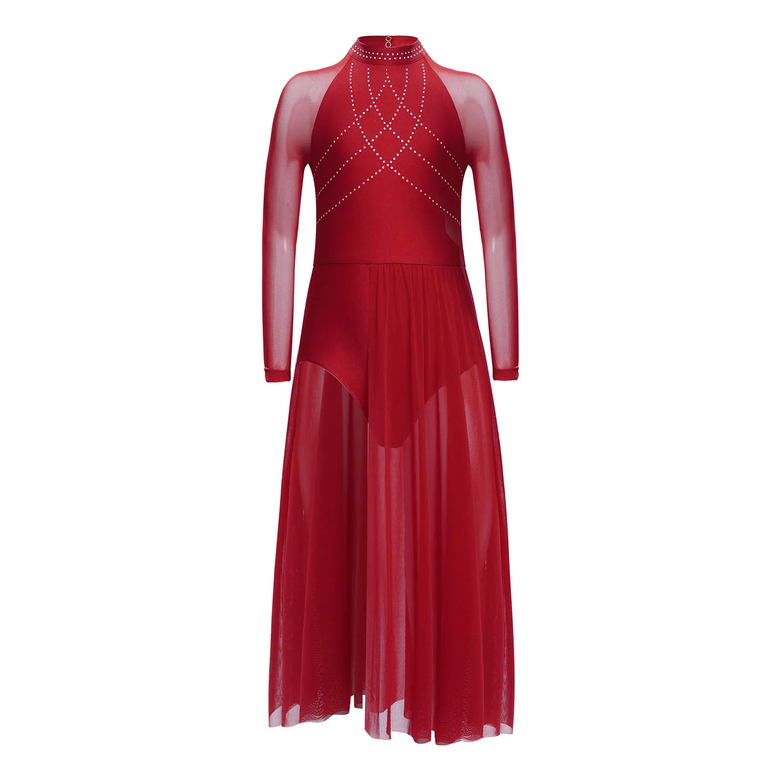 Girls Lyrical Dance Costume Ballet Figure Skating Gymnastics Modern Dancewear Shiny Rhinestones Sheer Mesh Split Dress Leotard