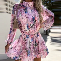 Casual manga comprida praia macacão moda floral impresso chiffon playsuits 2024 nova primavera feminina gola alta botão cintura macacão