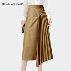 Fashion Patchwork Solid Color High Waist A-line Pleated Skirt Womens Spring Summer Mid-length Office Ladies Straight Skirts