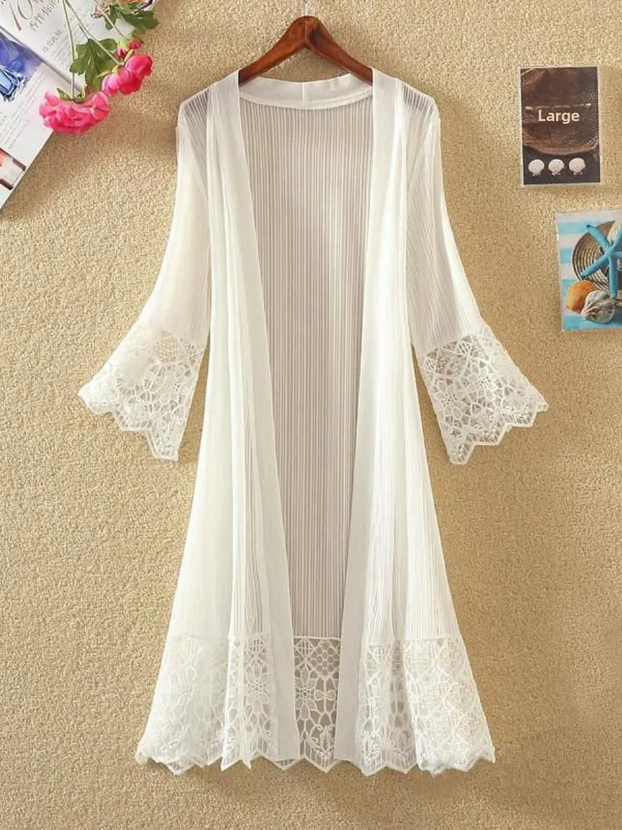 

French Sle Loose Fit Lace Sun Protection irt Women's Spring Summer Long Sve See tough Bell Sve Transparent irt