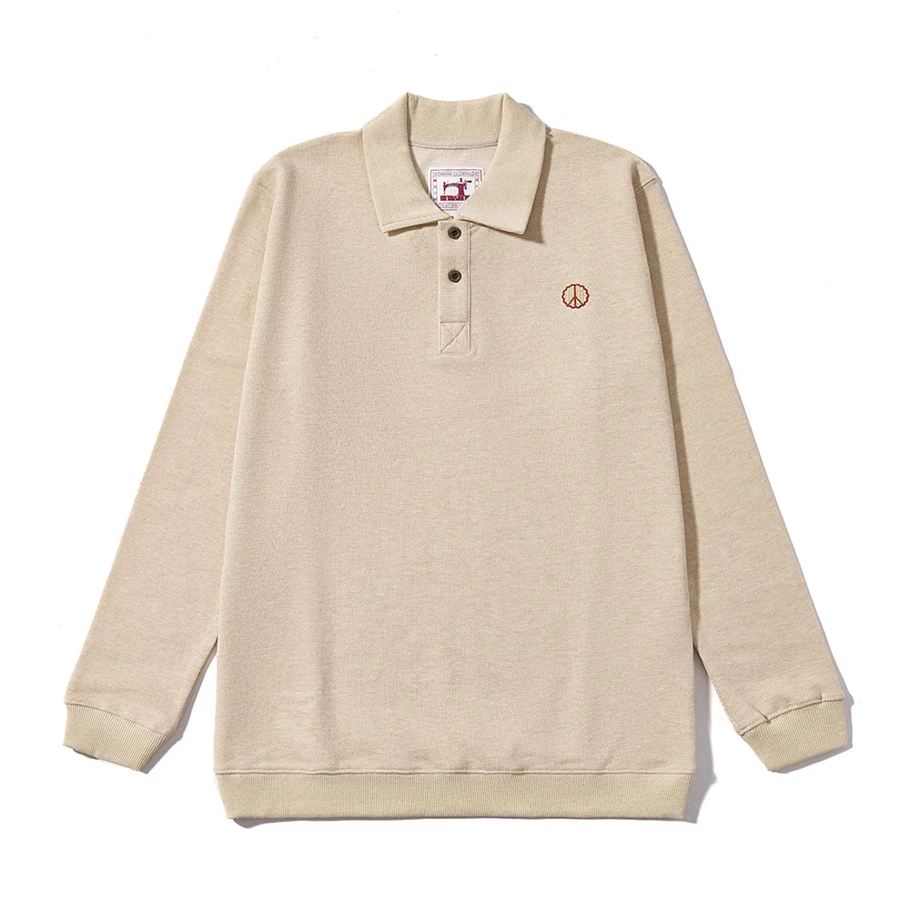 Polo de manga larga bordado Anti War, sudadera de manga larga con cuello de cuentas Oxford de terciopelo cálido, Polo Retro holgado para hombre