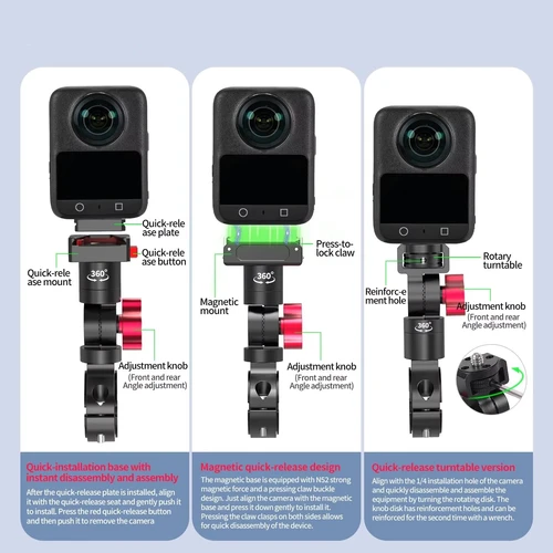 Imagen 2 del producto Soporte de cámara para motocicleta, abrazadera magnética de aluminio para manillar de bicicleta para DJI Osmo 360 Action 5Pro 4 3 2 GoPro Insta360
