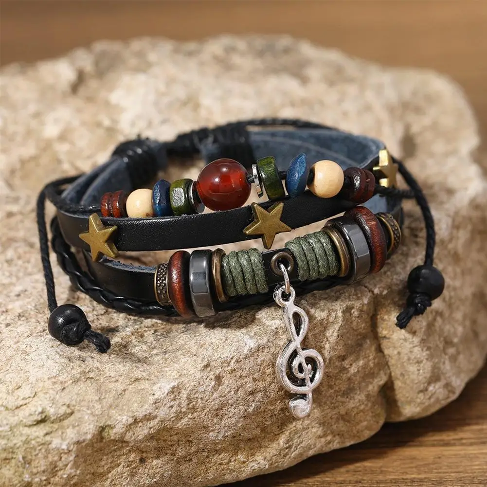 Adjustable Trendy Musical Note Wood Beads Niche Design Leather Gypsy Hippie Bracelet Vintage Rope Layered Bracelet