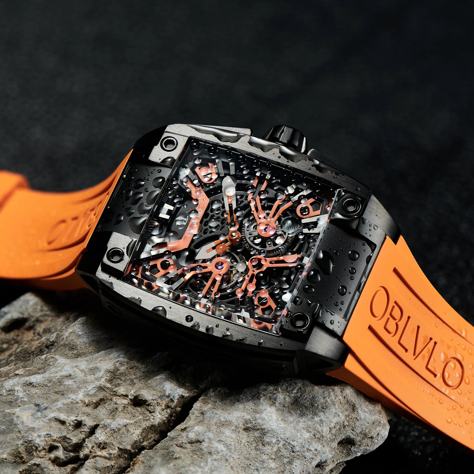 OBLVLO Top Brand Sport Watch For Man Luxury Watch Square Big Skeleton Watch Mechanical Watch Rubber Strap Watches GM