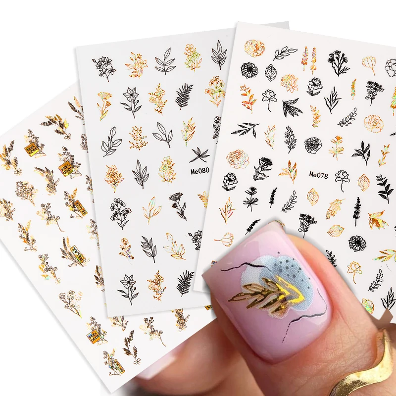 1 Pc 3D Nail Stickers Leaves Sliders for Nails Gold White Bronzing Flowers Gradient Adhesive Sticker Nail Design Art Decorations