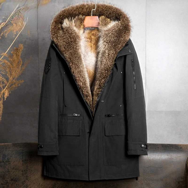 

2023 Winter Natural Fur Jacket Men Mid-length Warm Golden Sable Liner Coat Slim Fashion Men's Parka Big Raccoon Dog Fur Collar