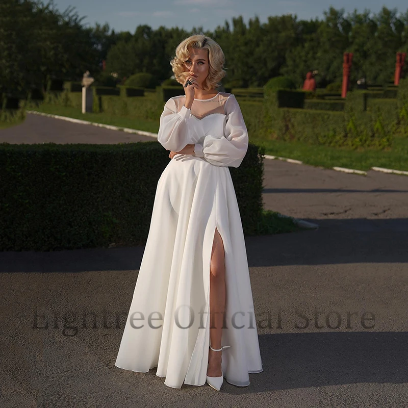 Eightree White A-Line Wedding Dresses Boho O-Neck Puff Sleeve Split Bridal Dress Formal Princess Wedding Prom Gowns Custom Size