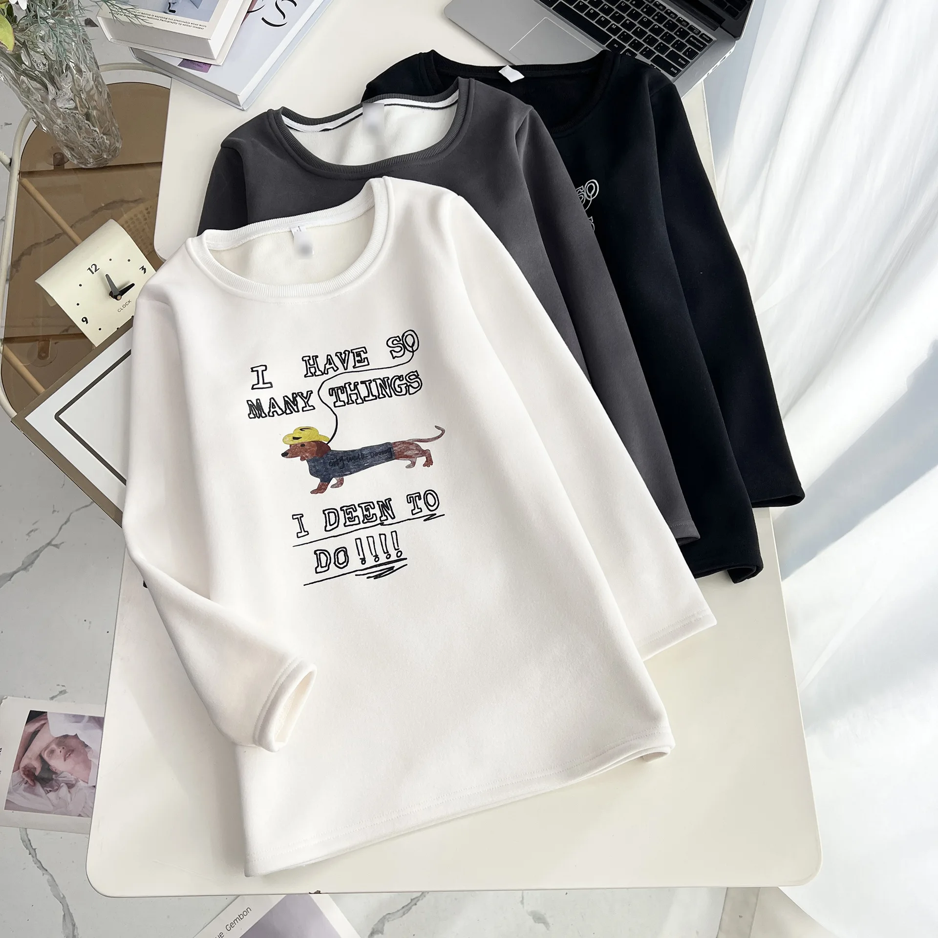 XXXXL Mode Plus Größe Frau Kleidung T-Shirt Winter Einfache Casual Mittlere Länge Warme Fleece Und Verdickte Gedruckt Cartoon Tops