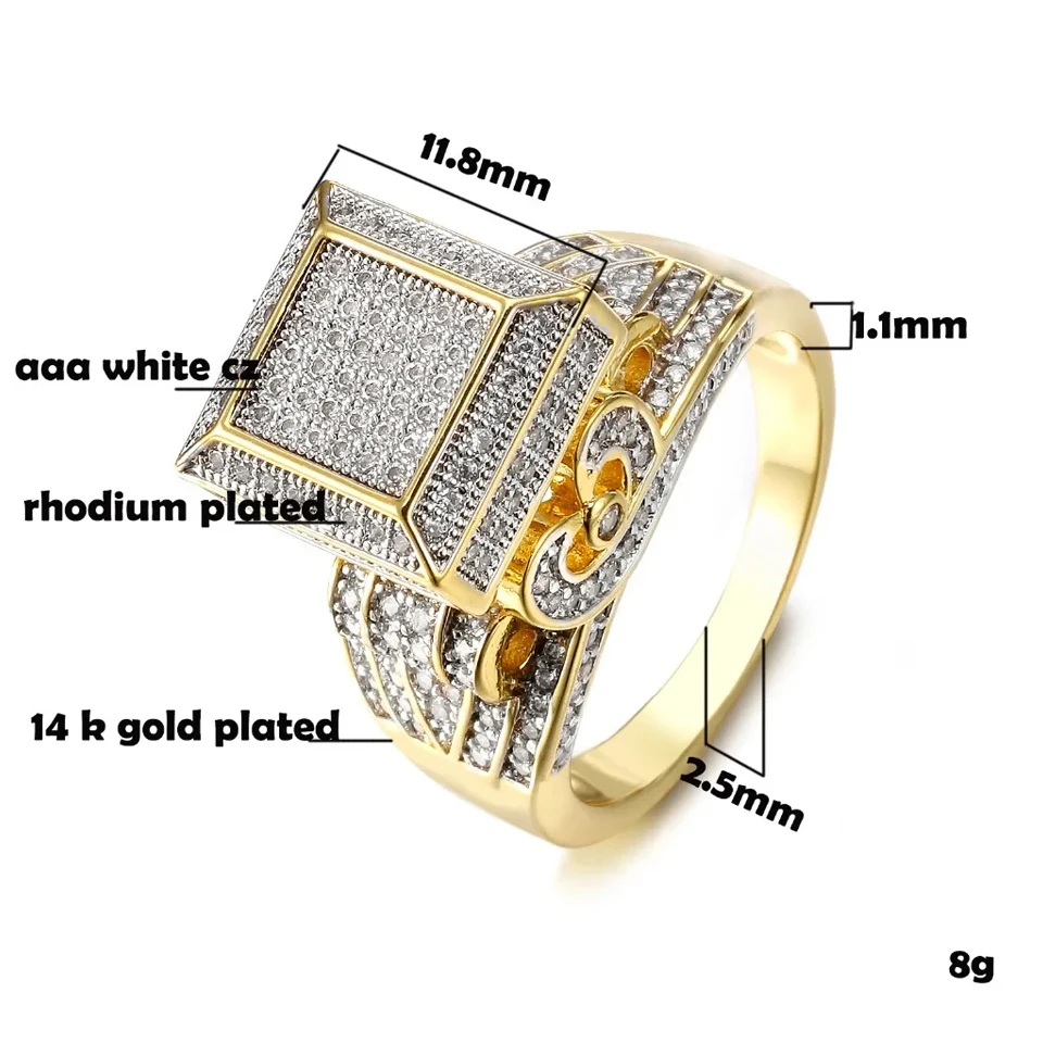 VANAXIN Iced Out Hip Hop Big Square Ring Men Cubic Zirconia Paved Bling Fine Rapper Jewelry 14k Gold Plated