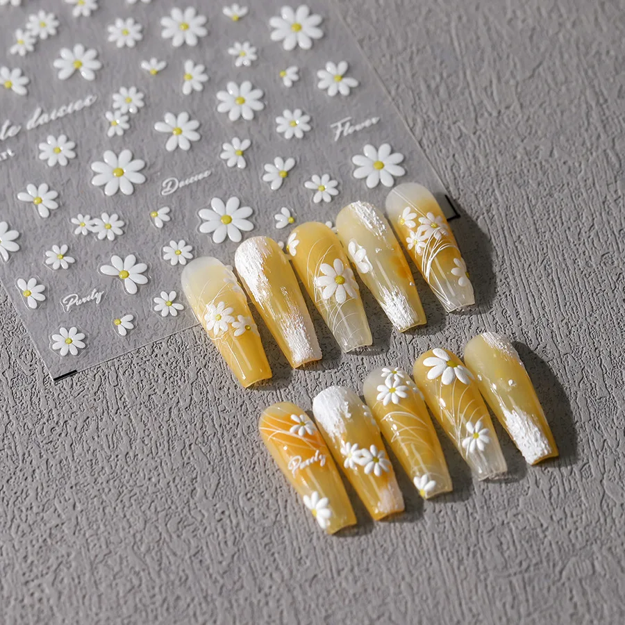 1szt 5D White Daisy Floral Nail Art Stickers Cute Mini Petals Flowers Adhesive Sliders 3D Nail Decals Decoration DIY Accessories