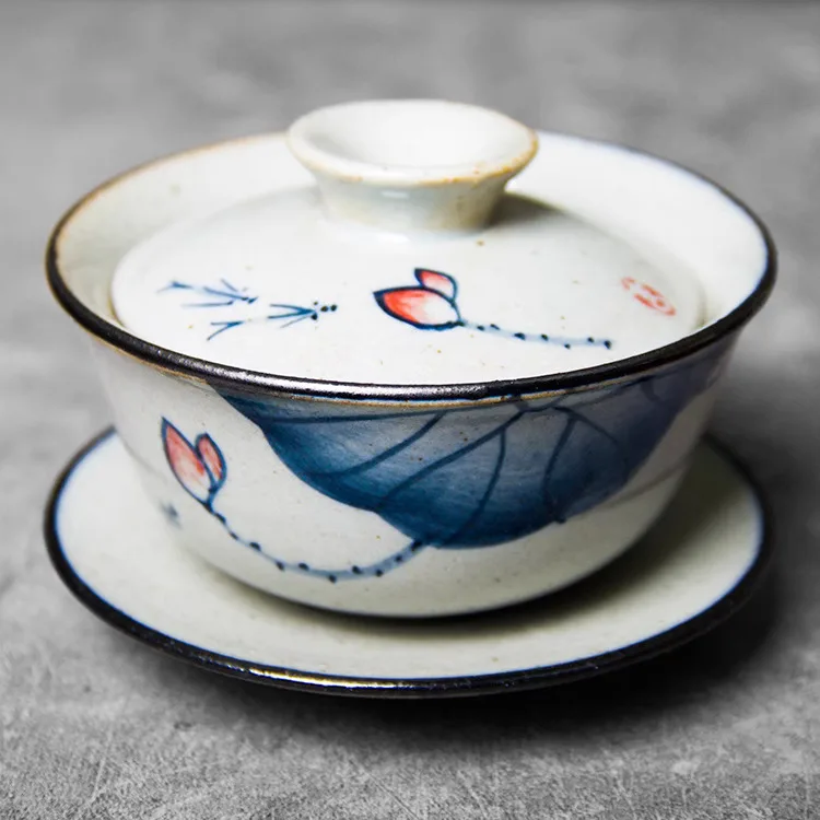 Hand Drawn Three Talent Cover Bowl, Traditional Chinese Tea Offering Handmade Coarse Ceramic Set, Jingdezhen