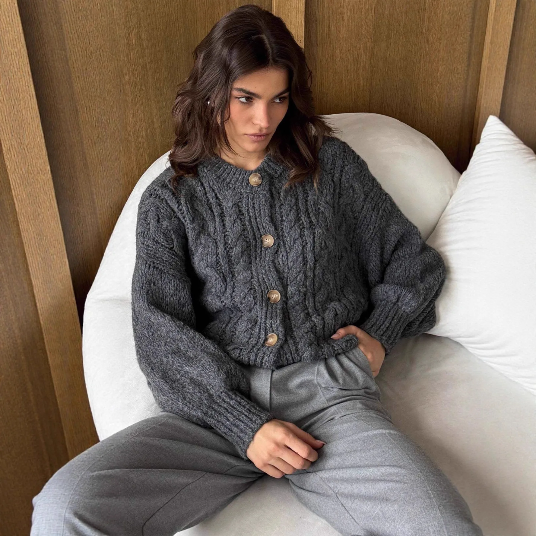 cable knit round neck long sleeve single breasted loose vintage thick knit outerwear solid autumn warm women's knit Cardigans