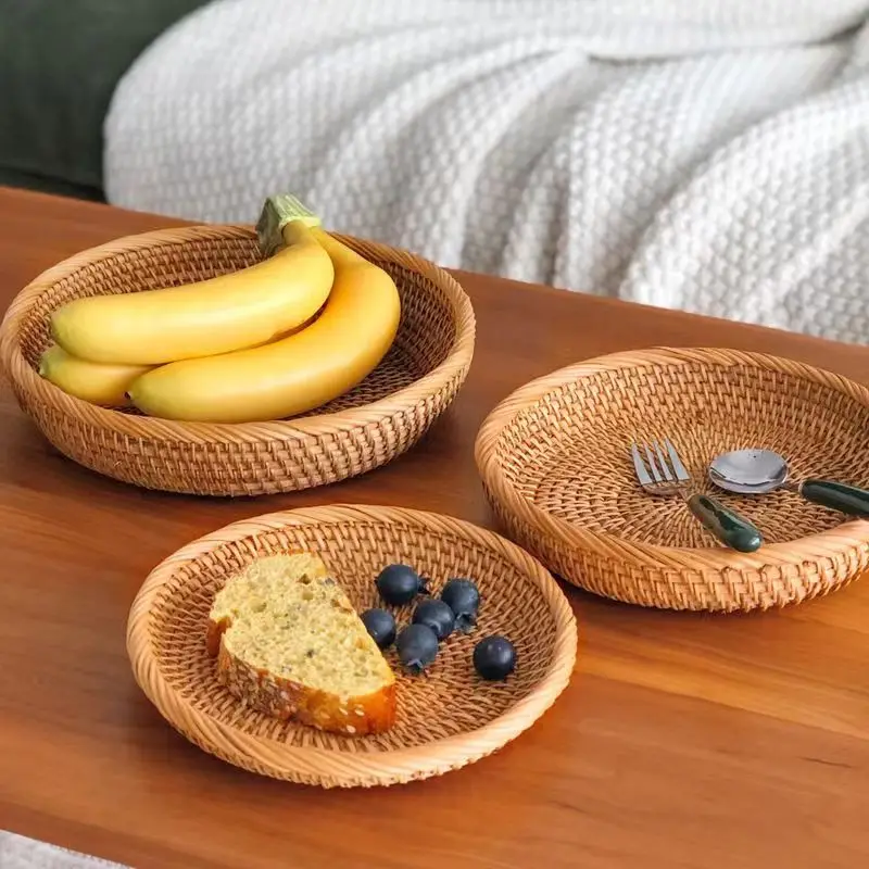 #Vietnamese rattan fruit basket bamboo basket living room home round woven dried fruit tray straw steamed bun basket tray