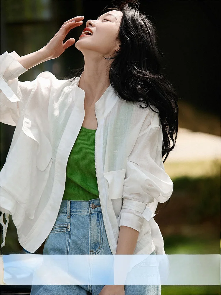 

Xhange Women's Lightweight Air Conditioning ort Jaet Breathable Sun Protection Stand Collar Cotton Linen Spring Summer