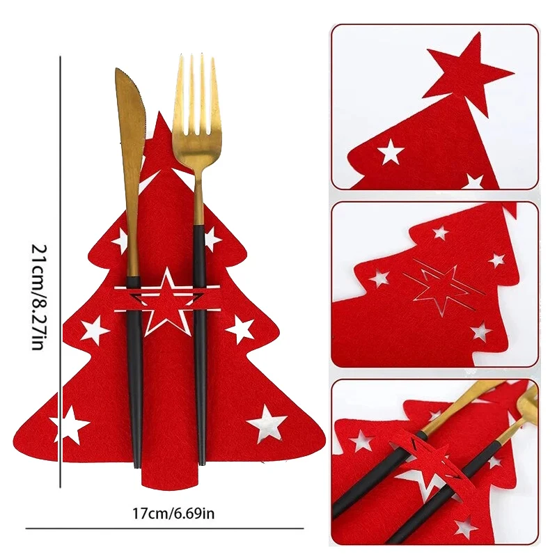 4Pcs Xmas Bestek Zak Mes Vork Opbergtas Kerstboom Sterren Sneeuwvlok Xmas Mes Vork Zak Bestek Cover Tafel decoratie