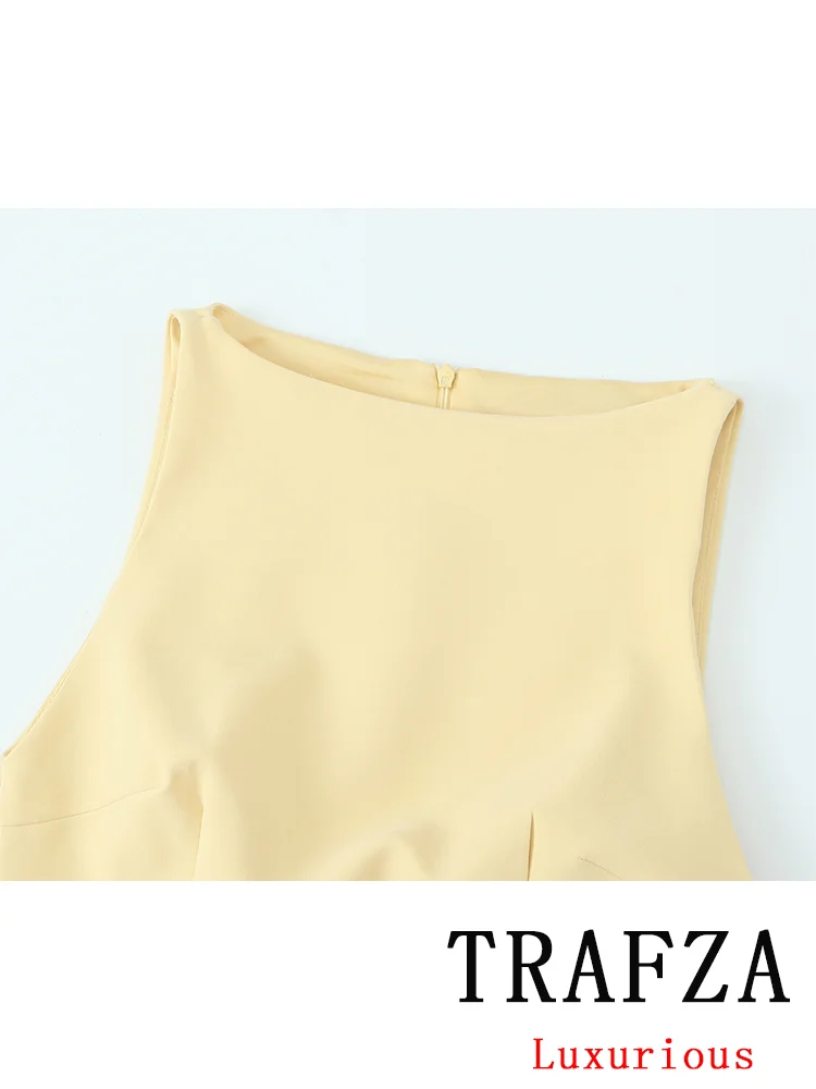 TRAFZA Sexy Chic Yellow Solid Women Dress Sashes Slash Neck Sleeveless Straight Mini Dress New Fashion 2024 Autumn Party Dress