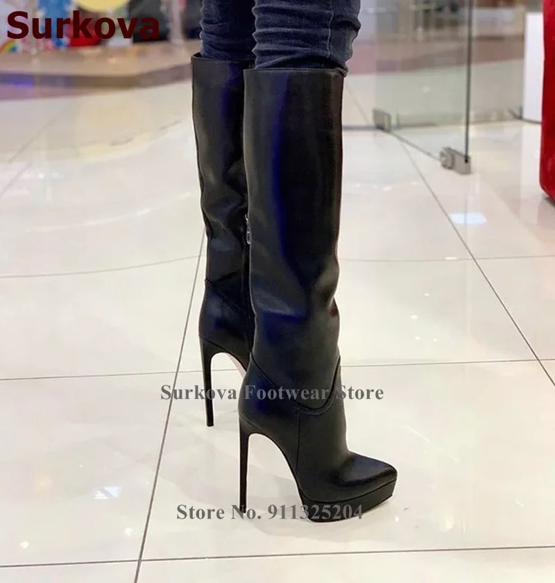 Surkova Black High Heel Platform Knee Boots Women Elegant Zipped Gladiator Long Boots Size46 Fall Winter Outdoor Dress Shoes