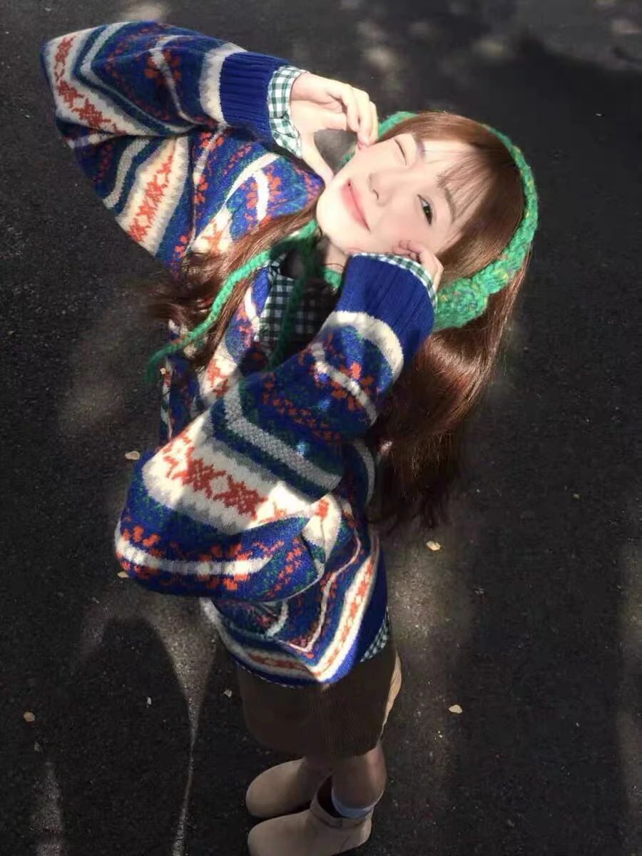 

Ayu Home Retro Knitted Sweater Fair Isle Women's Loose Casual Sweater Spring Autumn Versatile Comfortable Cotton Long Sve