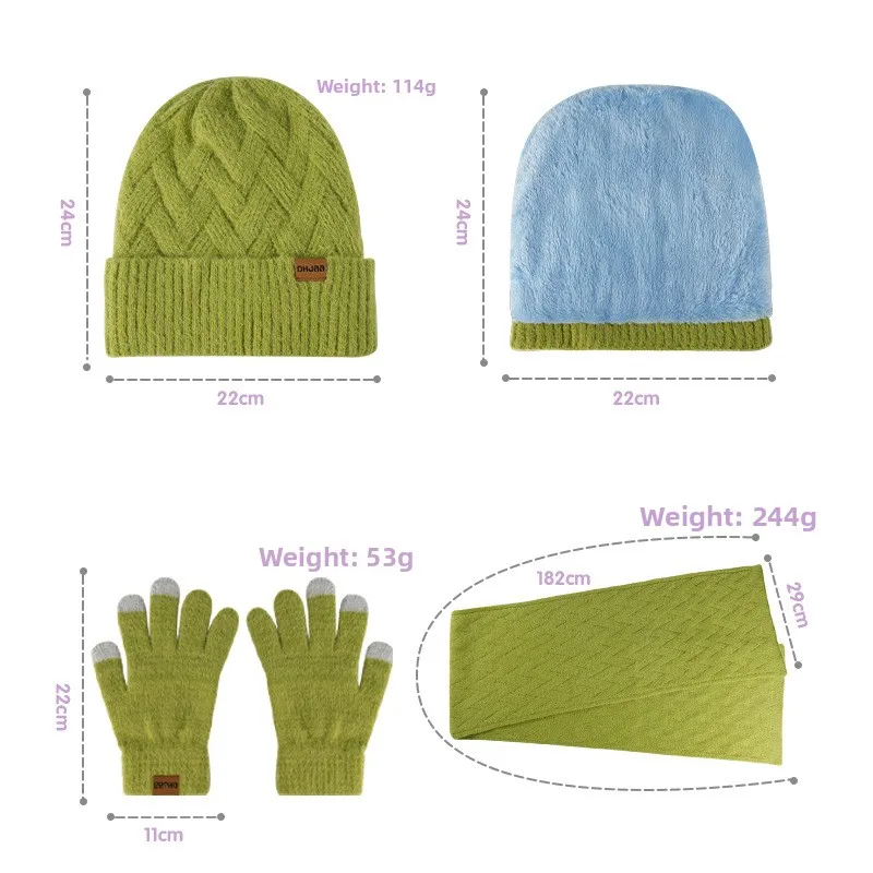 Roupas femininas elegantes e bonitas de inverno, chapéu de proteção de ouvido quente e resistente ao frio, cachecol, luvas, conjunto de três peças