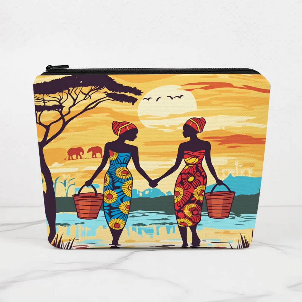 African Women Sunset Landscape Pattern Makeup Bags for Girls Cosmetic Pouch Toiletry Bag Pencil Case Travel Storage