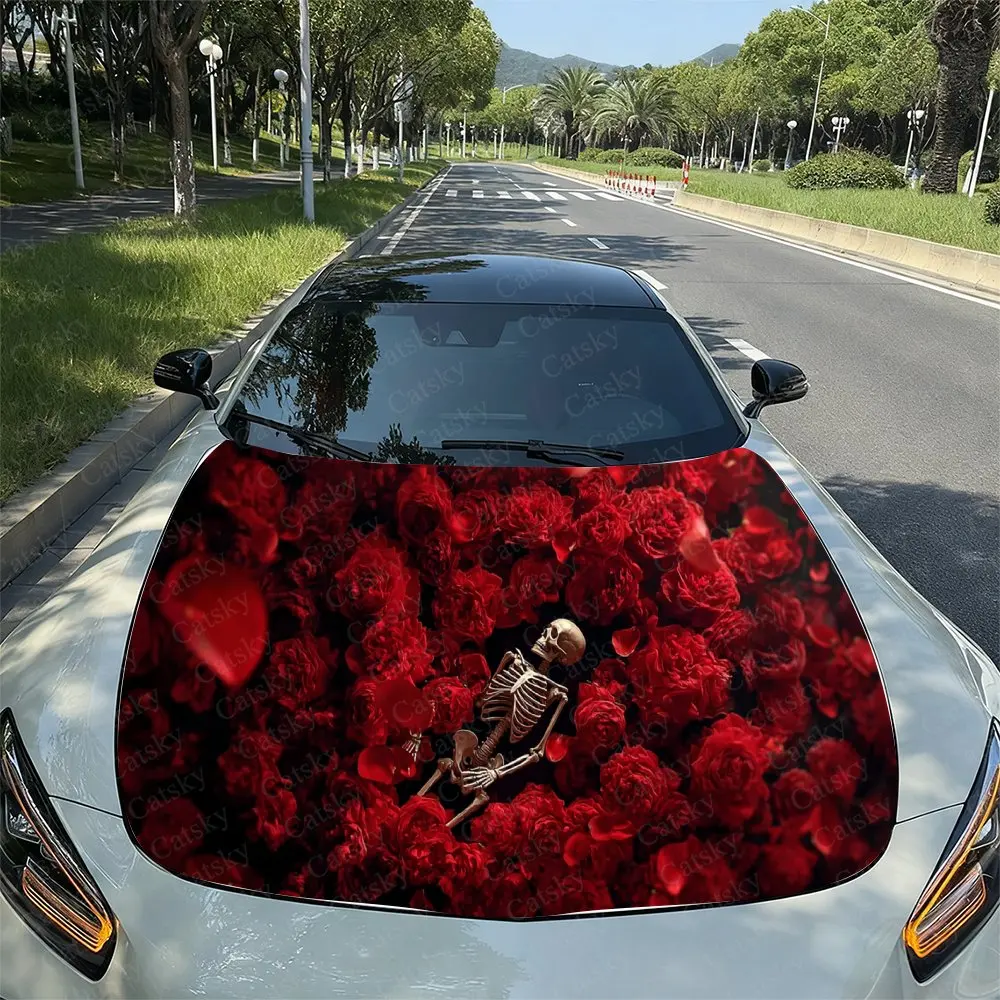 

Яркая красная виниловая пленка для автомобиля с рисунком роз и скелета, водонепроницаемая наклейка из ПВХ для капота автомобиля, самоклеящаяся устойчивая к царапинам наклейка для крышки двигателя