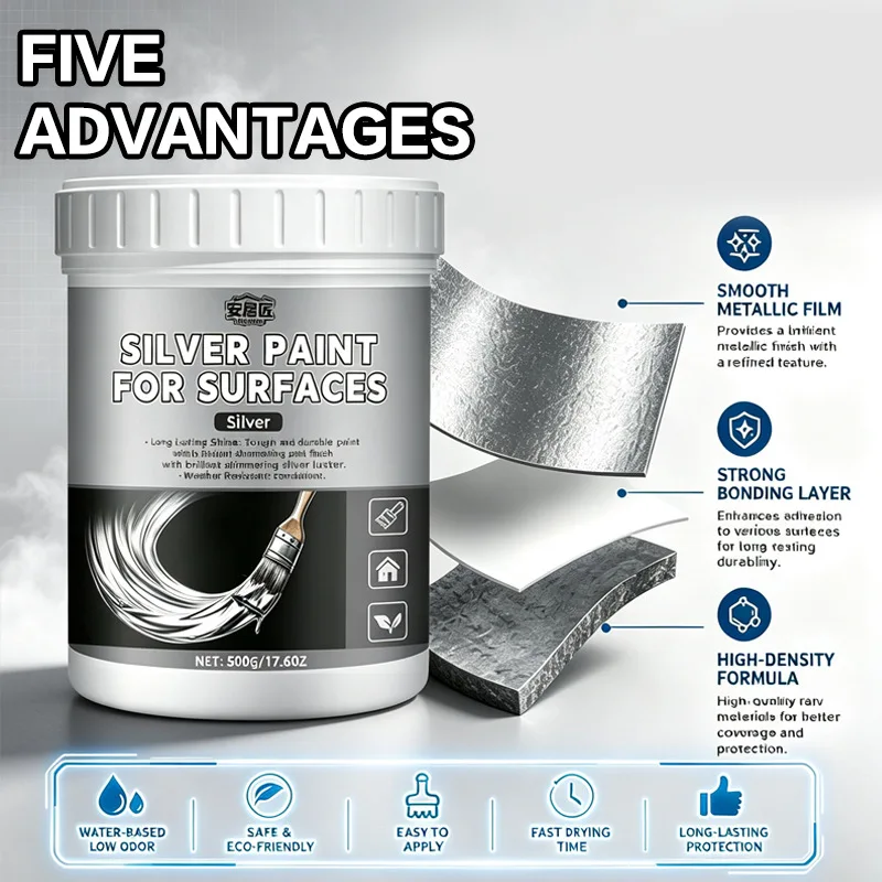 Water Based Metallic Silver Paint 300/1000g Quick Dry Rustproof Eco Friendly Acrylic Paint for Gate Railing Furniture Renovation