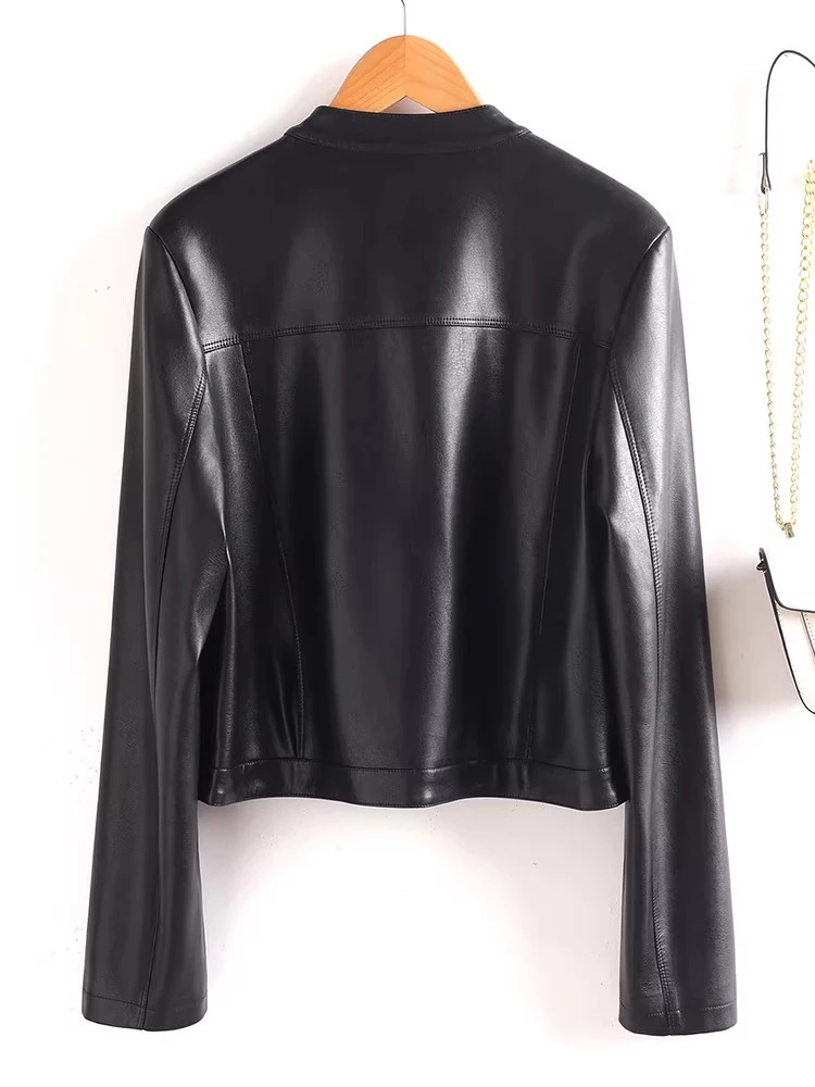 新しい女性の春秋スプリットレザールーズジャケットファッション O ネック長袖カジュアルショートレザーコートシンプルジャケット